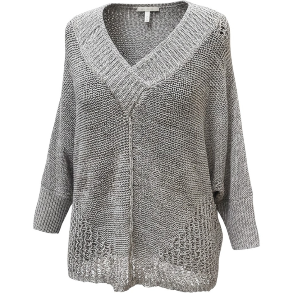LAMade Grey Open Knit Batwing V-Neck Sweater Mesh Pullover Womens Size S